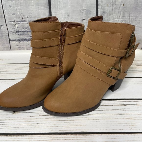 NEW Women's Just Fab Cognac Brown Ankle Booties Shoes Business Casual Dressy - Picture 1 of 9